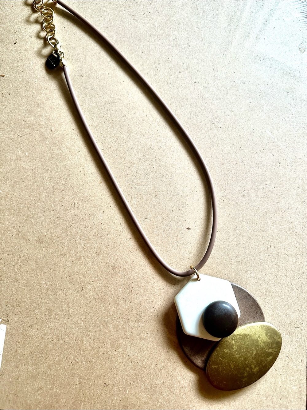 Layered Geometric Pendant Necklace in Taupe, White & Brass